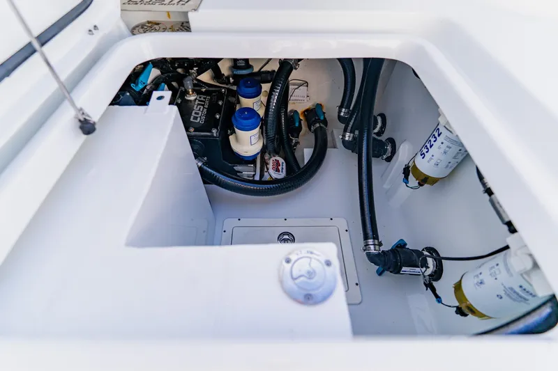  Yacht Photos Pics 2024 Costa Custom Boats 34SV engine compartment with visible components and wiring.