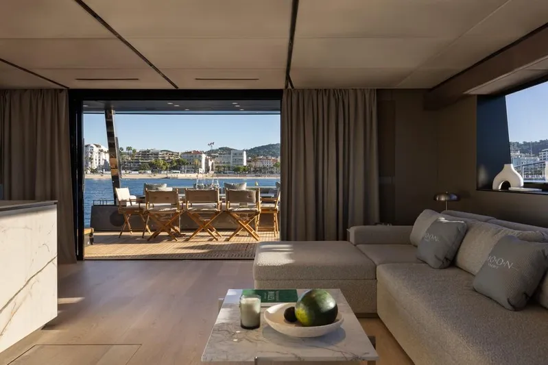 Full Moon Yacht Photos Pics Luxurious interior of 2024 Moon 60 Sail yacht with scenic ocean view.