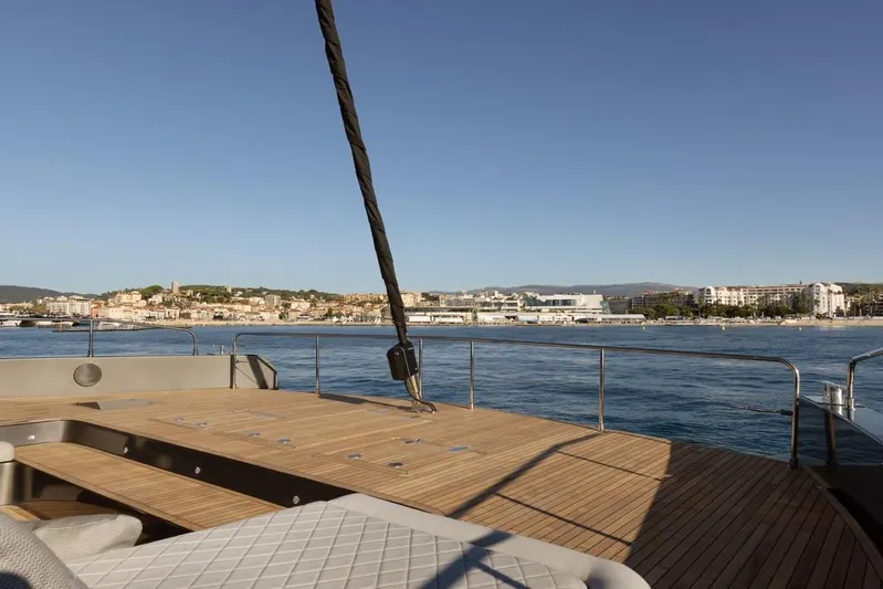 Full Moon Yacht Photos Pics Deck view of 2024 Moon 60 Sail yacht overlooking coastal cityscape.