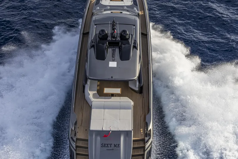  Yacht Photos Pics 2024 Otam 90 GTS yacht cruising on open water, aerial view.