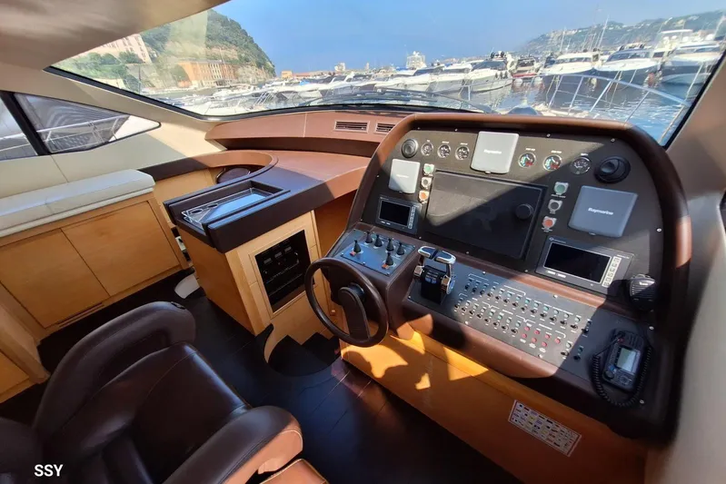 Candyman Yacht Photos Pics Cockpit of 2009 Pershing 64 yacht with modern controls and panoramic view.