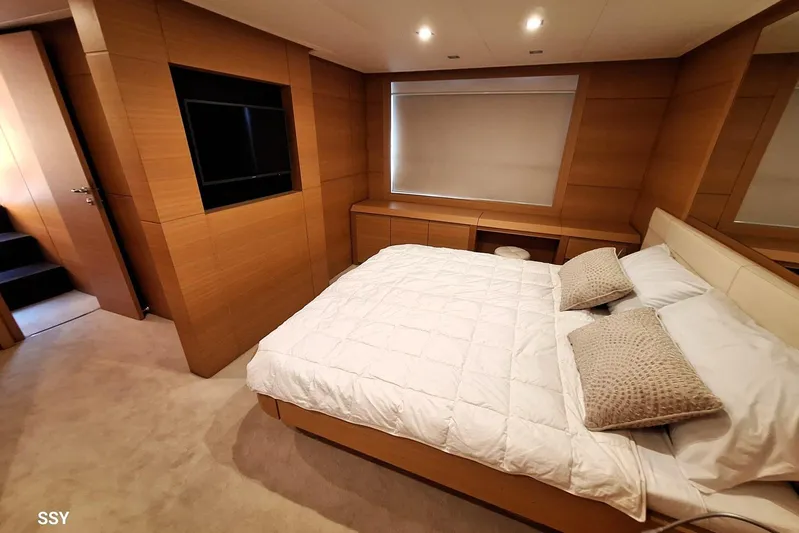 Candyman Yacht Photos Pics Luxurious bedroom interior of 2009 Pershing 64 yacht with modern wood paneling.