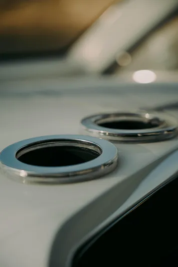  Yacht Photos Pics Close-up of 2021 Deep Impact 399 Sport boat details, featuring sleek chrome accents.