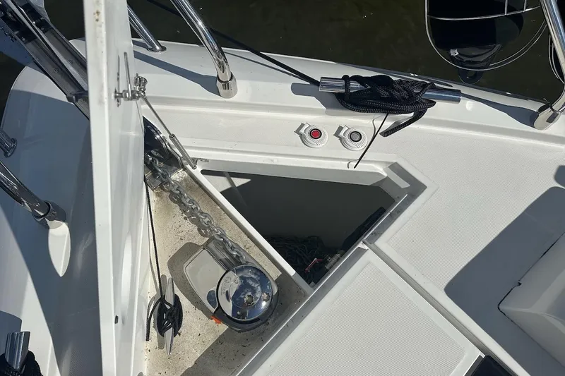  Yacht Photos Pics Anchor compartment of 2024 Galeon 500 Fly yacht with chain and winch.