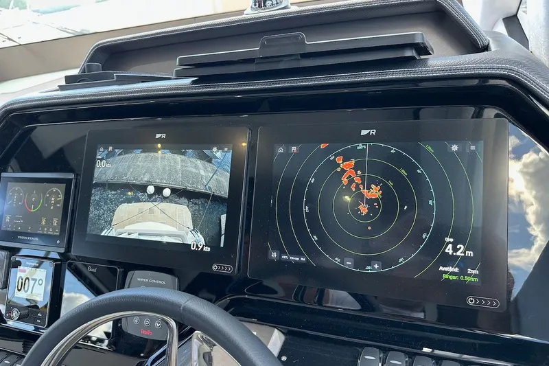  Yacht Photos Pics Cockpit of 2024 Galeon 500 Fly yacht with navigation and radar displays.