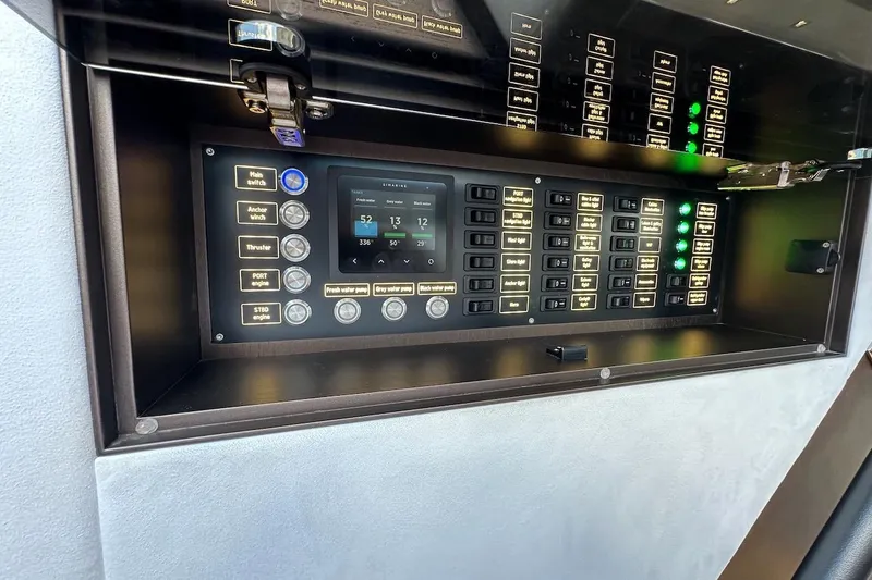  Yacht Photos Pics Control panel of 2024 Galeon 500 Fly yacht with illuminated switches and digital display.