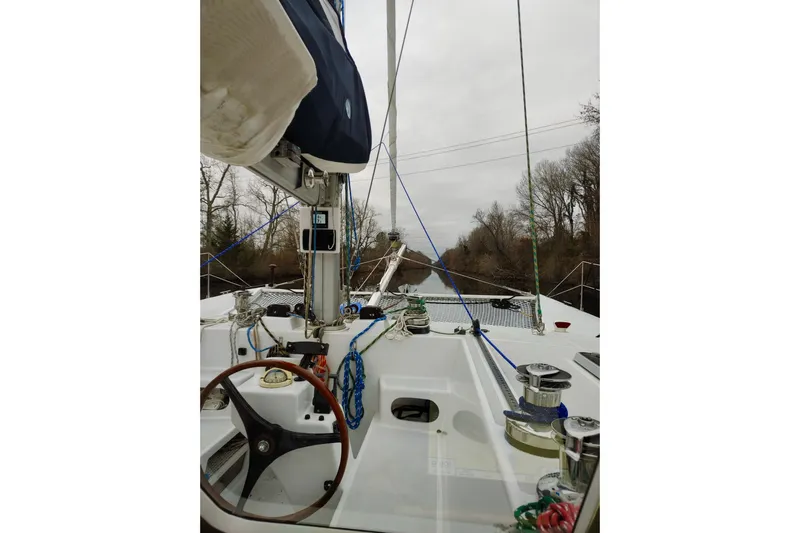 Watermark Yacht Photos Pics Sailing deck of 2003 Chris White Atlantic 42 catamaran on a calm waterway.