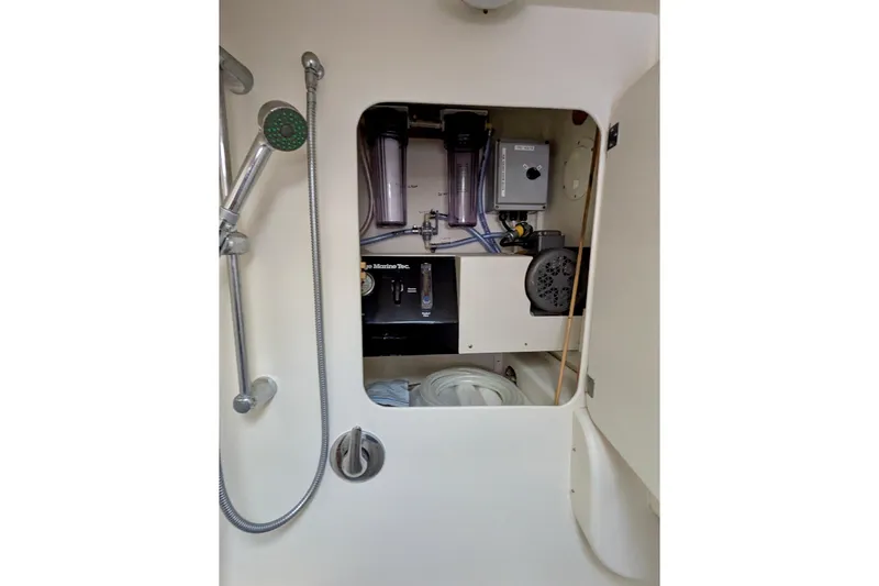Watermark Yacht Photos Pics Interior of 2003 Chris White Atlantic 42 yacht showing shower and equipment compartment.