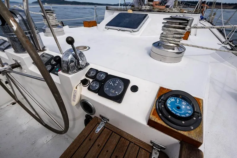 Koh -i -noor Yacht Photos Pics Cockpit of 1974 C&C 61 Ocean Racer/Cruiser with navigation instruments and steering wheel.