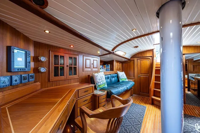 Koh -i -noor Yacht Photos Pics Luxurious 1974 C&C 61 Ocean Racer/Cruiser interior with wooden furnishings and cozy seating.