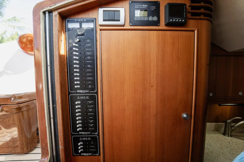 Southern Ground Yacht Photos Pics Electrical panel on 2015 Winter Custom Yachts W-18, featuring wood finish and control switches.