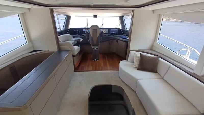  Yacht Photos Pics Luxurious interior of 2024 Princess X80 yacht with modern helm and comfortable seating.