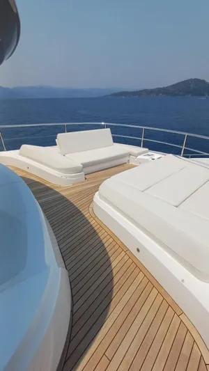  Yacht Photos Pics Luxurious 2024 Princess X80 yacht deck with white seating and ocean view.