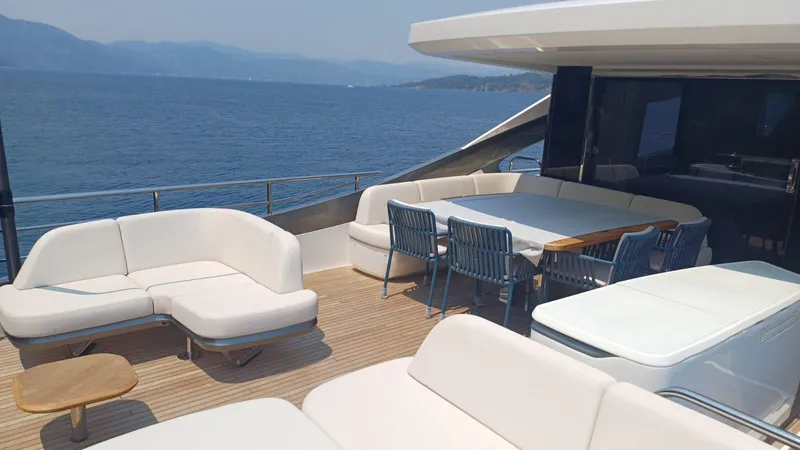  Yacht Photos Pics Luxurious 2024 Princess X80 yacht deck with elegant seating and ocean view.