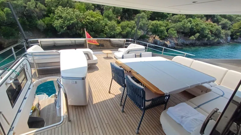  Yacht Photos Pics Luxurious 2024 Princess X80 yacht deck with seating, table, and scenic ocean view.