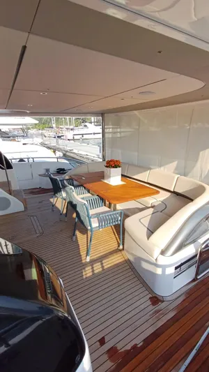  Yacht Photos Pics Luxurious 2024 Princess X80 yacht deck with elegant seating and wooden table.