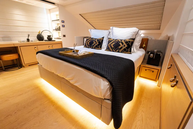 Gatsby Yacht Photos Pics Luxurious Sanlorenzo SL96 yacht bedroom with elegant decor and ambient lighting, 2021 model.