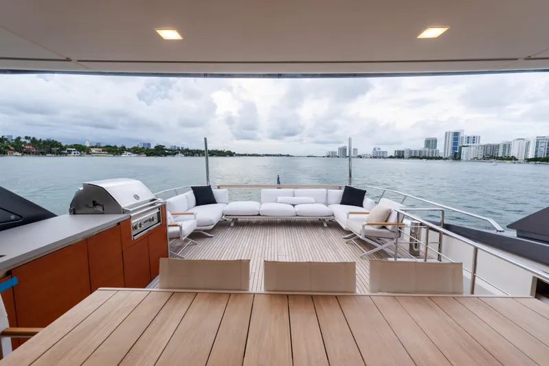 Gatsby Yacht Photos Pics Luxurious 2021 Sanlorenzo SL96 yacht deck with modern seating and ocean view.