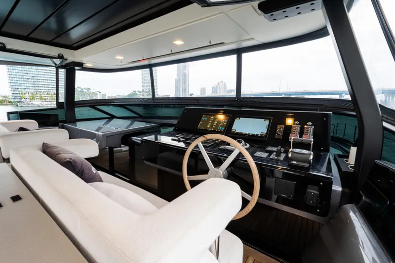 Gatsby Yacht Photos Pics Luxurious 2021 Sanlorenzo SL96 yacht interior with modern helm and panoramic windows.