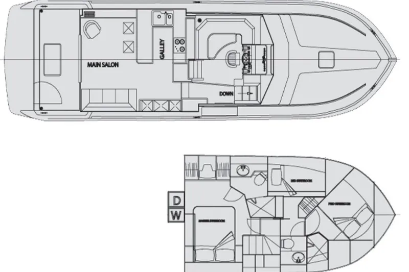 Y Knot Yacht Photos Pics Floor plan of a 2003 Navigator 4800 yacht, featuring main salon and bedrooms.
