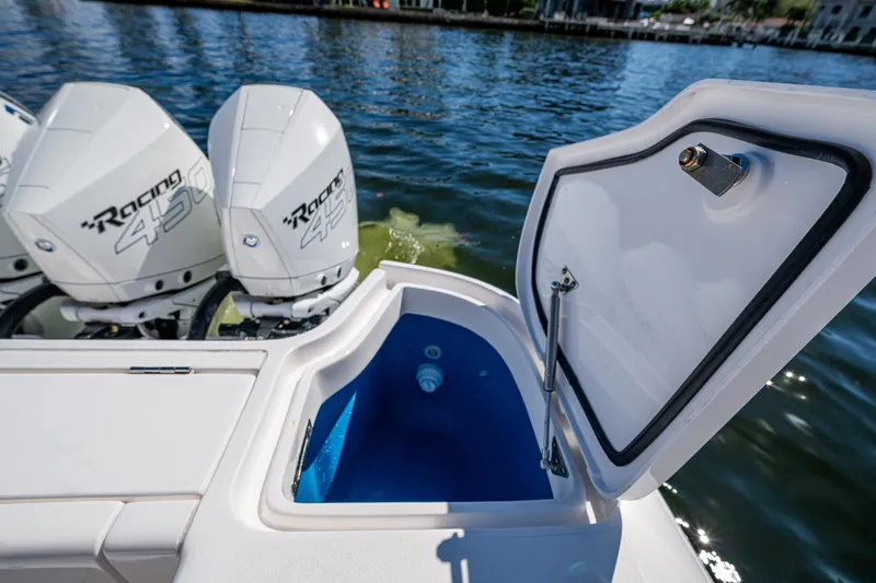  Yacht Photos Pics 2019 Intrepid 400 boat with open storage compartment and powerful outboard engines.
