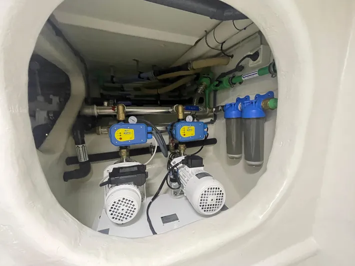 Blade Yacht Photos Pics Engine compartment of a 2007 Pantera 80 GT with visible machinery and components.