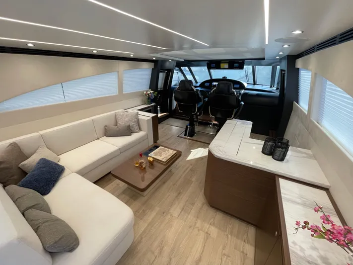 Blade Yacht Photos Pics Luxurious interior of a 2007 Pantera 80 GT yacht with modern seating and helm.