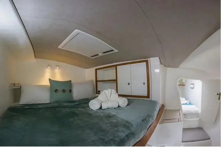 Electrify Yacht Photos Pics Luxurious cabin interior of 2018 Voyage Yachts 480E with cozy bedding and elegant decor.