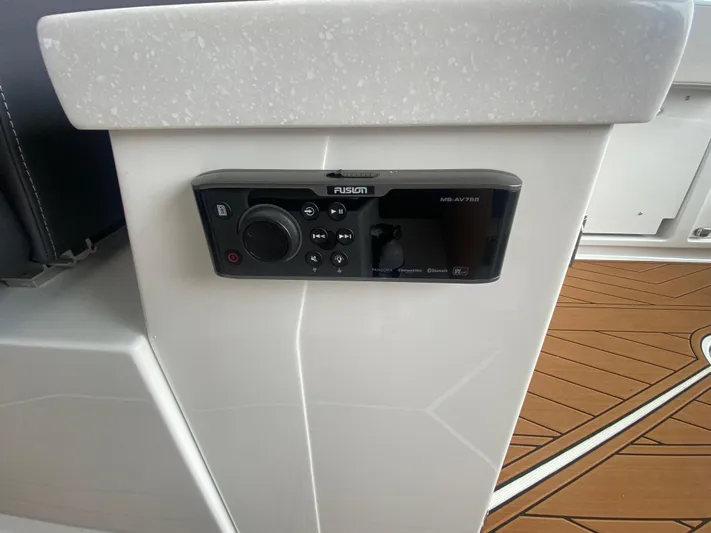  Yacht Photos Pics Fusion audio system on 2022 Monterey 385 Super Sport boat interior.