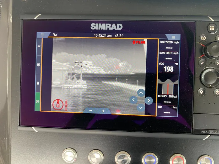  Yacht Photos Pics Simrad navigation display on 2022 Monterey 385 Super Sport boat, showing thermal imaging and speed data.
