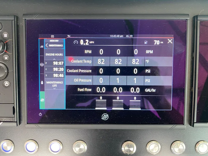  Yacht Photos Pics Dashboard display of a 2022 Monterey 385 Super Sport showing engine metrics and maintenance data.