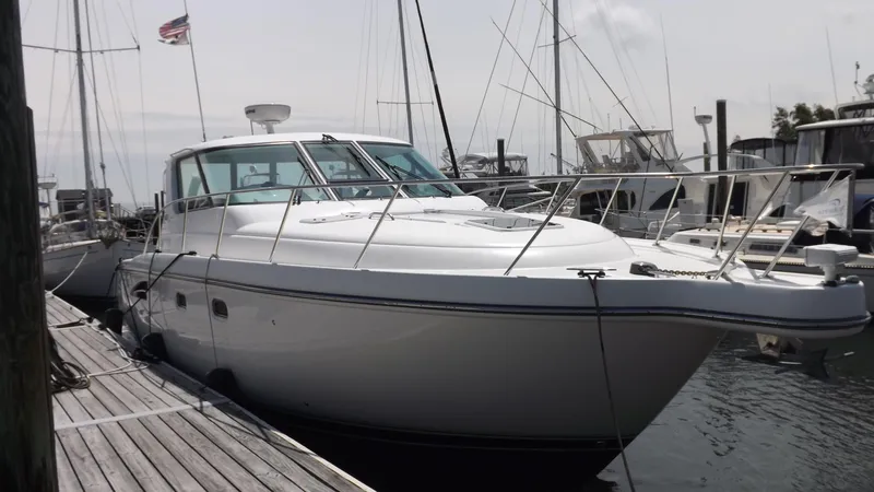  Yacht Photos Pics 2007 Tiara Yachts 3600 Sovran docked at marina, side view.