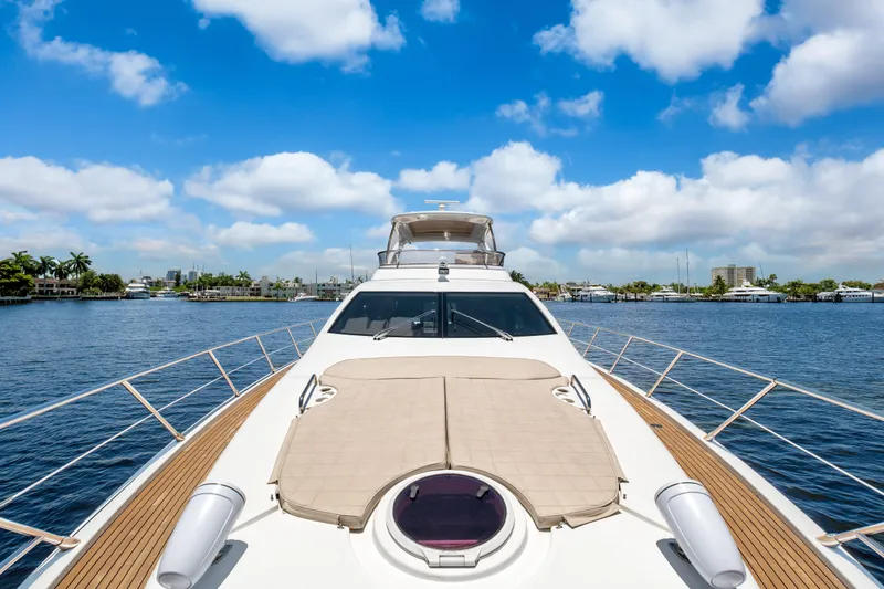  Yacht Photos Pics Luxurious 2013 Azimut 64 yacht on serene water under a bright blue sky.