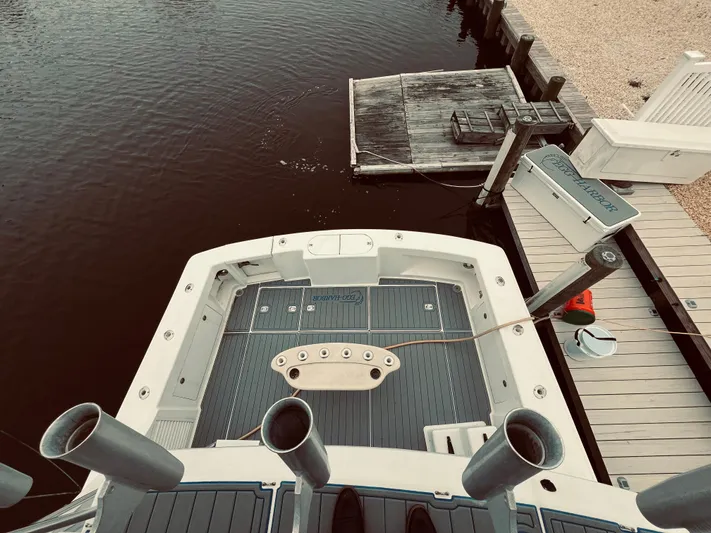 Rock & Roll IV Yacht Photos Pics Top view of 2002 Egg Harbor 42 Sport Fish boat docked at marina.