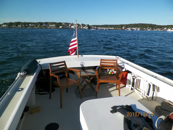 Termo Yacht Photos Pics Custom 2000 Holland Hardtop Cruiser on water, featuring chairs and American flag.
