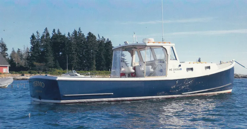 Termo Yacht Photos Pics Custom 2000 Holland Hardtop Cruiser boat on calm water near a forested shoreline.