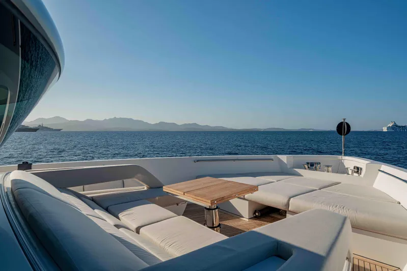 Firefly Yacht Photos Pics Luxurious Sanlorenzo SX76 yacht deck with seating, ocean view, and clear blue sky, 2025 model.