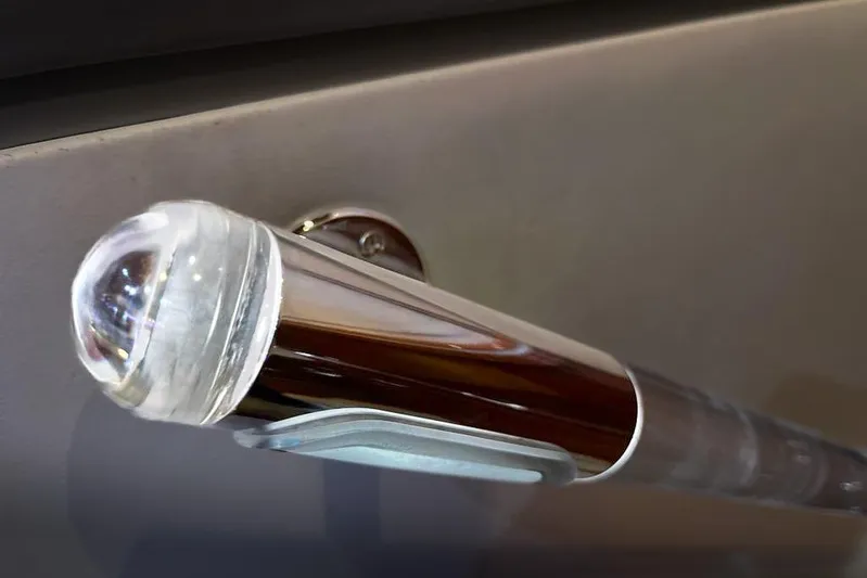 My Way Victoria Yacht Photos Pics Close-up of a chrome handle on a 2007 Dominator 860 Fly yacht.