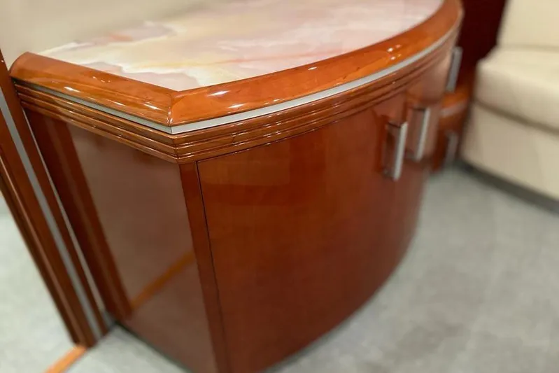 My Way Victoria Yacht Photos Pics Luxurious wooden cabinet detail on 2007 Dominator 860 Fly yacht interior.