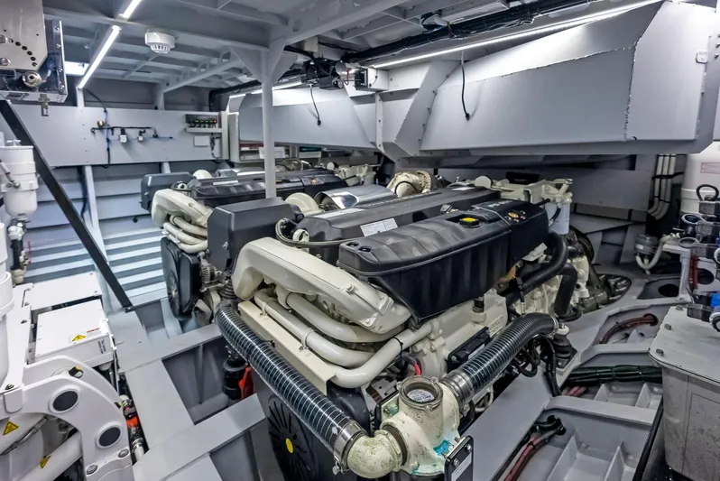Shaloha Yacht Photos Pics Engine room of 2022 Vanquish Yachts VQ58 with twin engines.