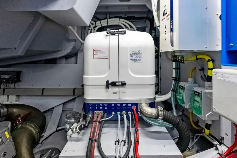Shaloha Yacht Photos Pics Engine room of 2022 Vanquish Yachts VQ58 with electrical and mechanical components.