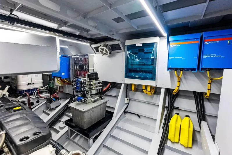 Shaloha Yacht Photos Pics Engine room of 2022 Vanquish Yachts VQ58 with electrical systems and machinery.