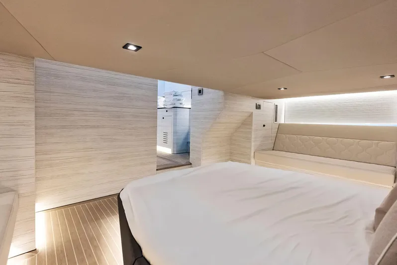 Shaloha Yacht Photos Pics Luxurious interior cabin of 2022 Vanquish Yachts VQ58 with modern design.