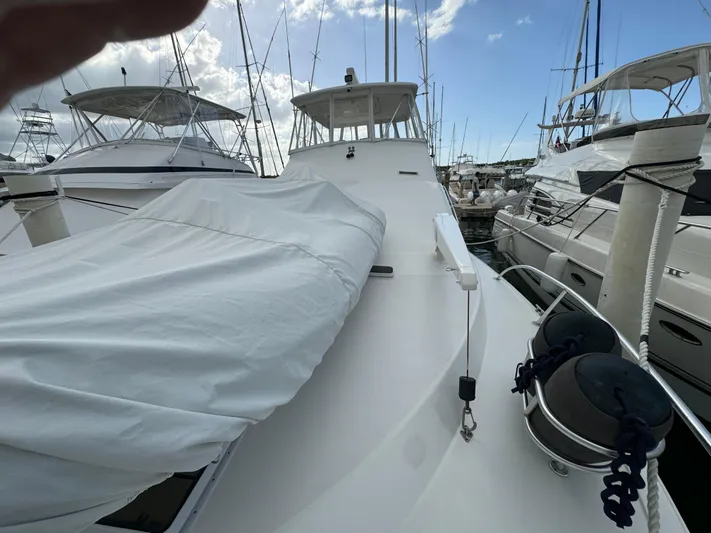  Yacht Photos Pics 2001 Ocean Yachts 48 docked, covered deck, surrounded by other boats under a blue sky.
