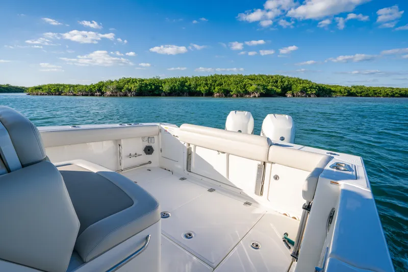 Mama J Yacht Photos Pics 2021 Boston Whaler 330 Outrage boat on calm water, clear sky, lush green shoreline.