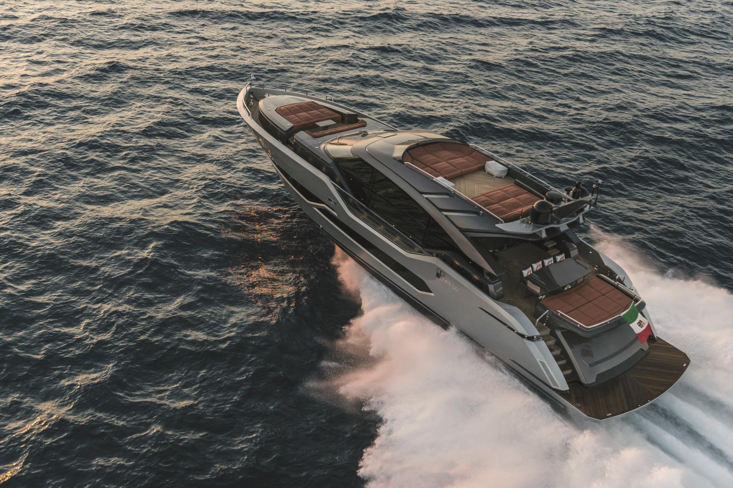 Luxurious 2025 AB 80 yacht cruising swiftly on open sea waters.