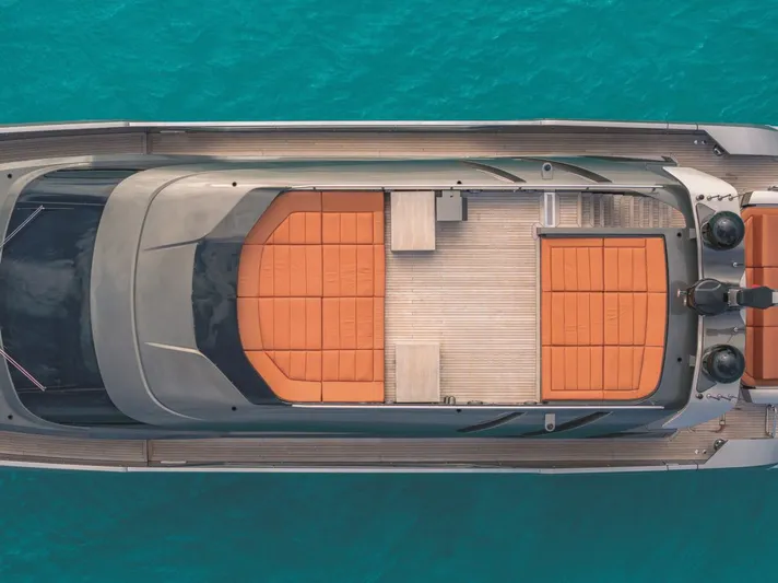  Yacht Photos Pics Top view of 2025 AB 80 yacht with orange seating on turquoise water.