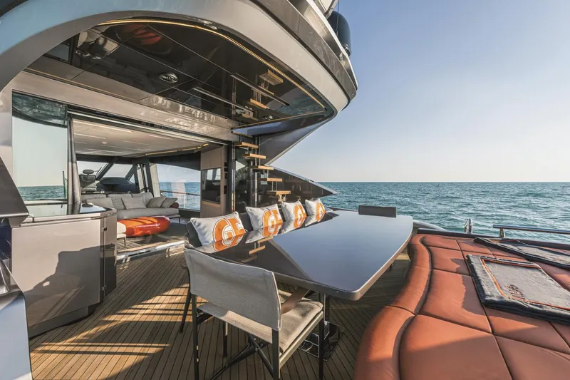  Yacht Photos Pics Luxurious 2025 AB 80 yacht with modern outdoor seating and ocean view.