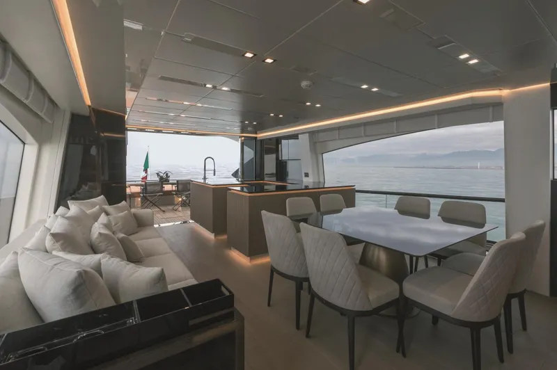  Yacht Photos Pics Luxurious interior of 2025 AB 80 yacht with elegant seating and ocean view.