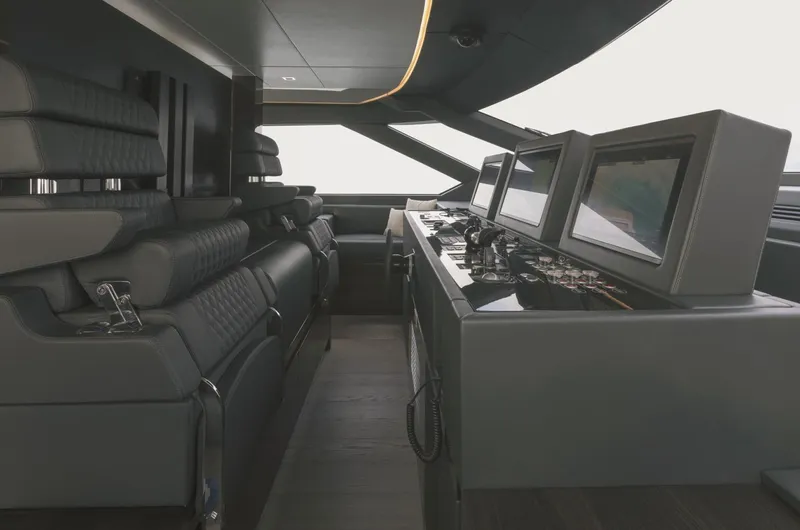  Yacht Photos Pics Luxurious interior of 2025 AB 80 yacht with modern control panels and seating.